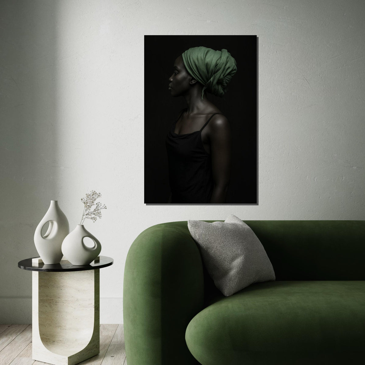 Elegant Profile Canvas,Green Headscarf Art,Afro Woman Art,Portrait Wall Art, Canvas Design, Ready to Hang Decoration, Modern Portrait Poster