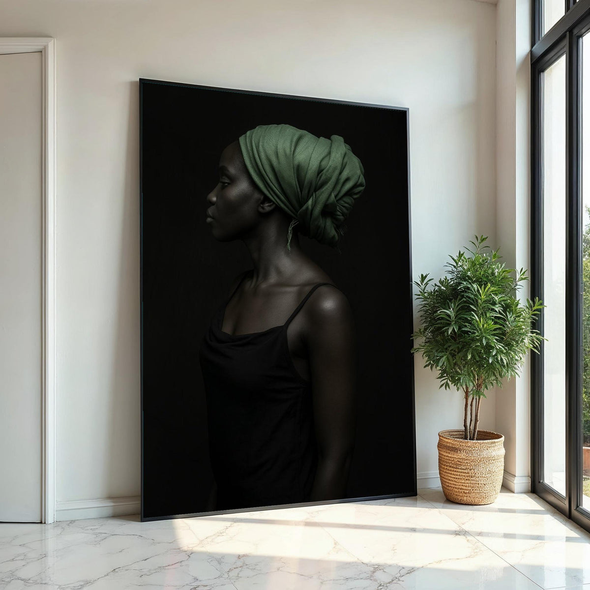 Elegant Profile Canvas,Green Headscarf Art,Afro Woman Art,Portrait Wall Art, Canvas Design, Ready to Hang Decoration, Modern Portrait Poster