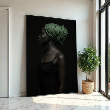 Elegant Profile Canvas,Green Headscarf Art,Afro Woman Art,Portrait Wall Art, Canvas Design, Ready to Hang Decoration, Modern Portrait Poster