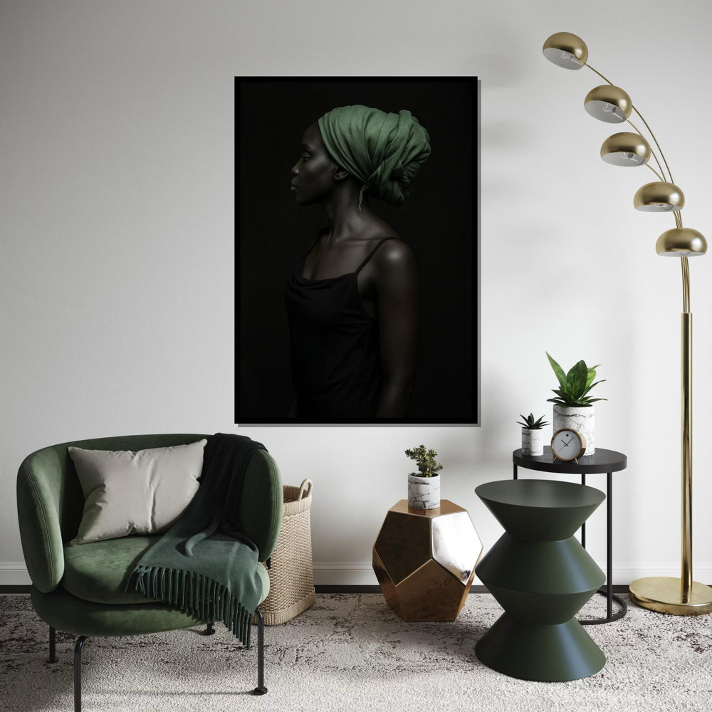 Elegant Profile Canvas,Green Headscarf Art,Afro Woman Art,Portrait Wall Art, Canvas Design, Ready to Hang Decoration, Modern Portrait Poster