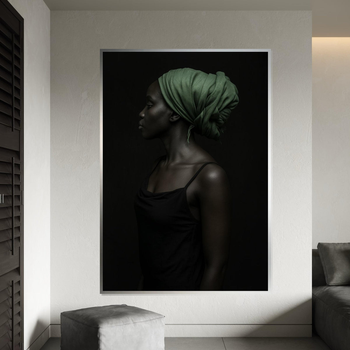 Elegant Profile Canvas,Green Headscarf Art,Afro Woman Art,Portrait Wall Art, Canvas Design, Ready to Hang Decoration, Modern Portrait Poster