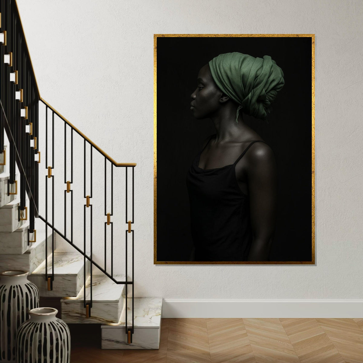 Elegant Profile Canvas,Green Headscarf Art,Afro Woman Art,Portrait Wall Art, Canvas Design, Ready to Hang Decoration, Modern Portrait Poster