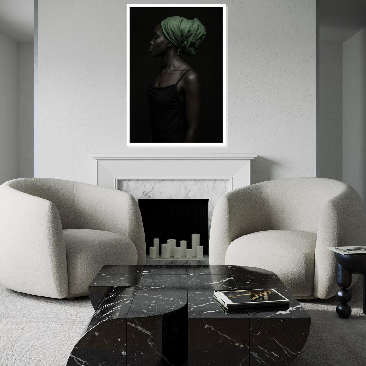 Elegant Profile Canvas,Green Headscarf Art,Afro Woman Art,Portrait Wall Art, Canvas Design, Ready to Hang Decoration, Modern Portrait Poster