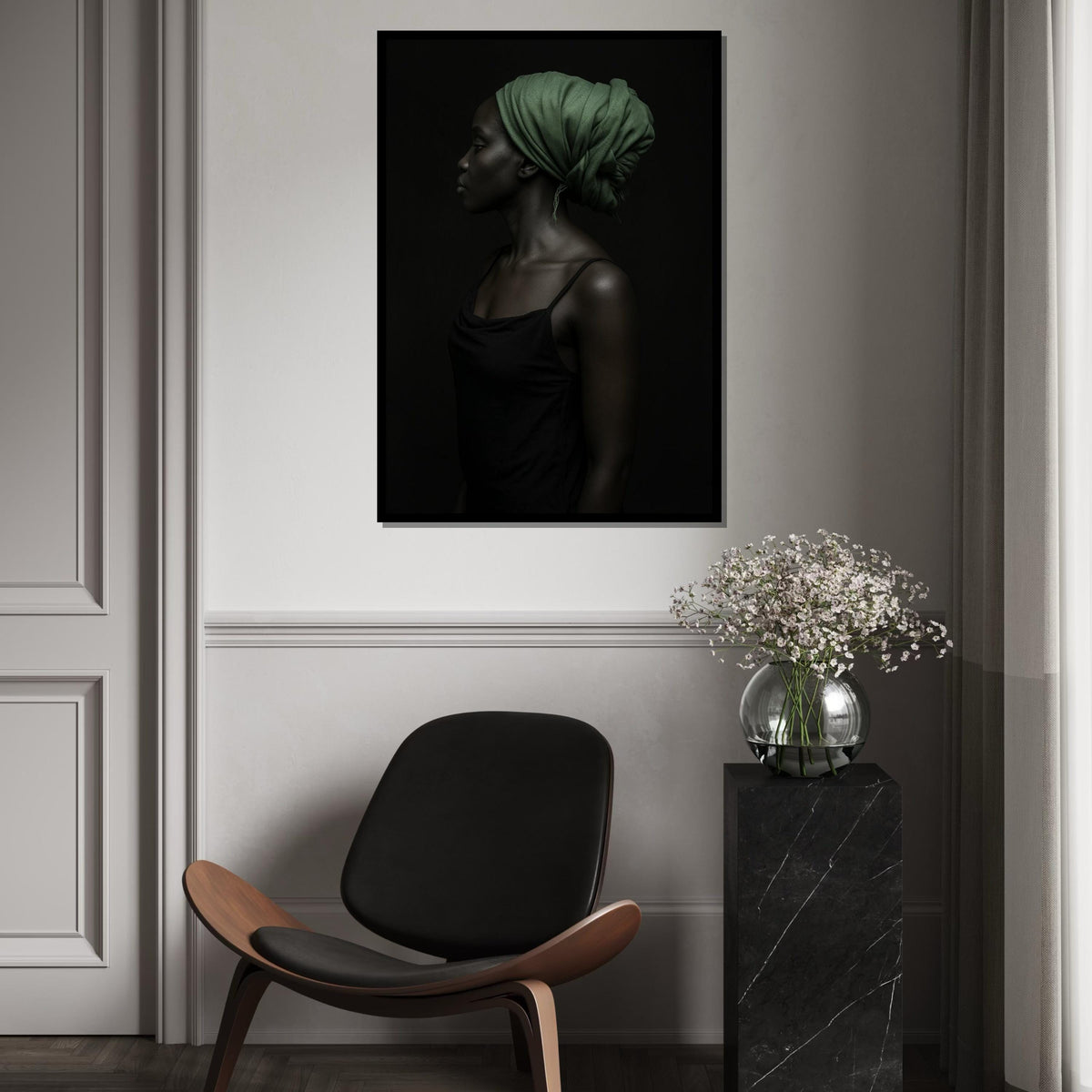 Elegant Profile Canvas,Green Headscarf Art,Afro Woman Art,Portrait Wall Art, Canvas Design, Ready to Hang Decoration, Modern Portrait Poster