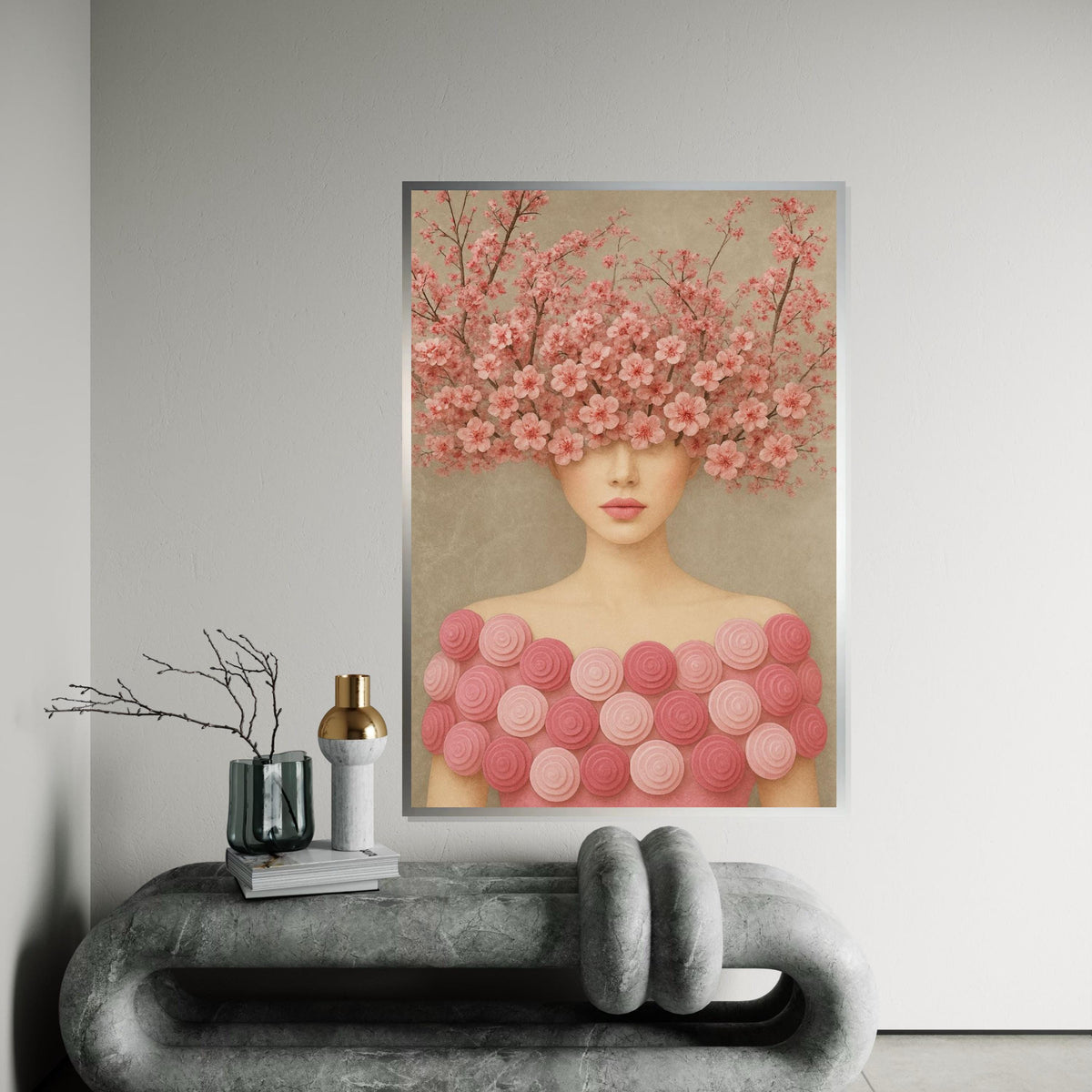 Cherry Blossom Woman, Floral Headpiece Art, Pink Flower Wall Art, Elegant Lady Canvas, Wall Art Canvas Design, Ready to Hang Décor