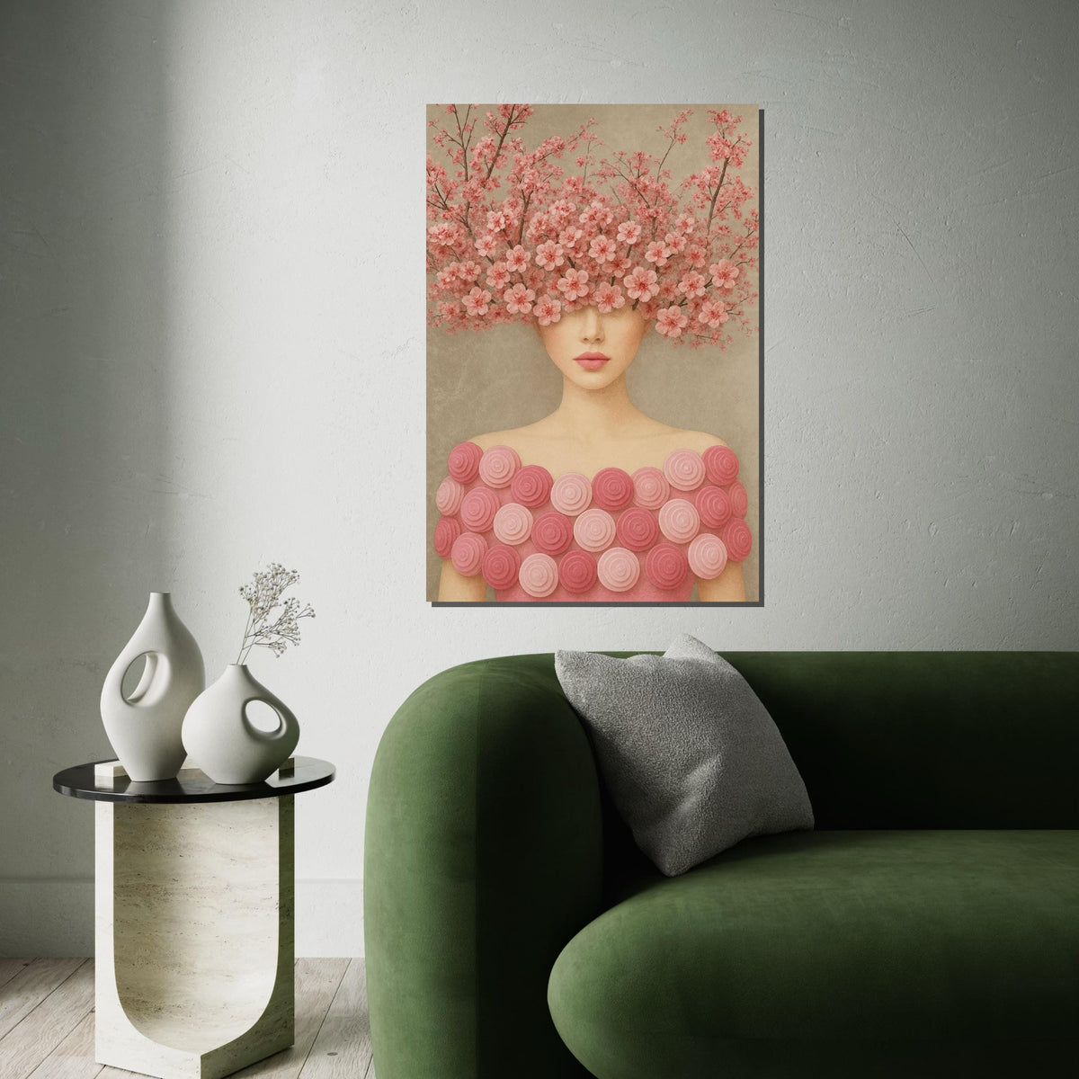 Cherry Blossom Woman, Floral Headpiece Art, Pink Flower Wall Art, Elegant Lady Canvas, Wall Art Canvas Design, Ready to Hang Décor