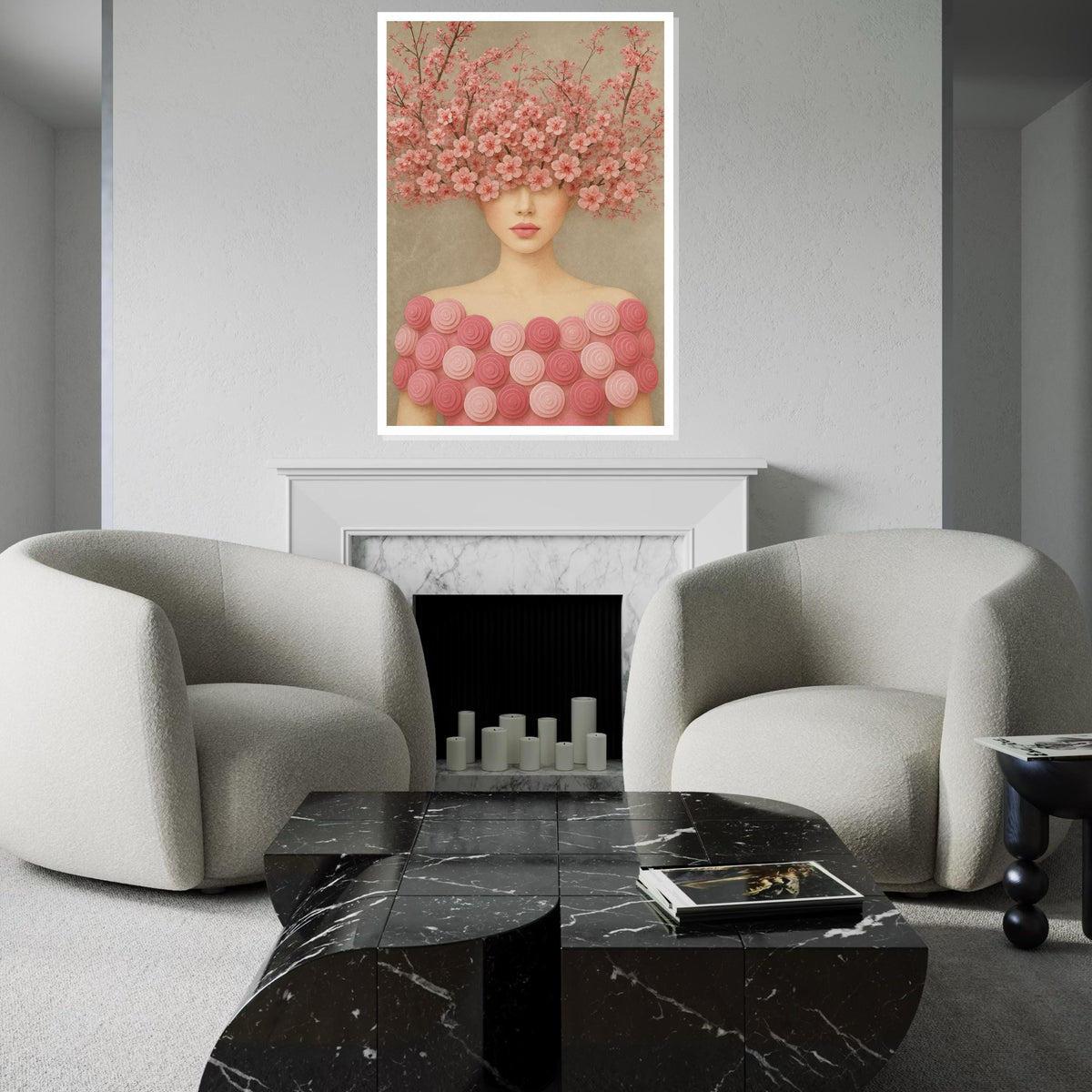 Cherry Blossom Woman, Floral Headpiece Art, Pink Flower Wall Art, Elegant Lady Canvas, Wall Art Canvas Design, Ready to Hang Décor