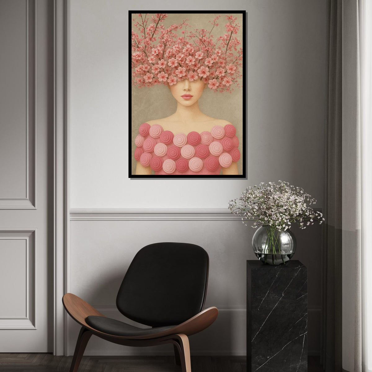 Cherry Blossom Woman, Floral Headpiece Art, Pink Flower Wall Art, Elegant Lady Canvas, Wall Art Canvas Design, Ready to Hang Décor