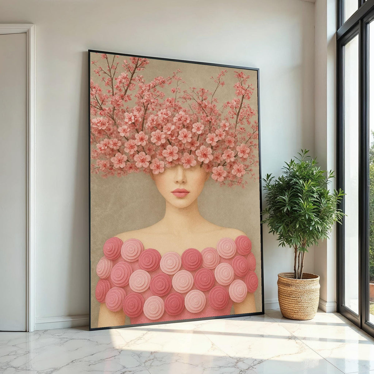 Cherry Blossom Woman, Floral Headpiece Art, Pink Flower Wall Art, Elegant Lady Canvas, Wall Art Canvas Design, Ready to Hang Décor