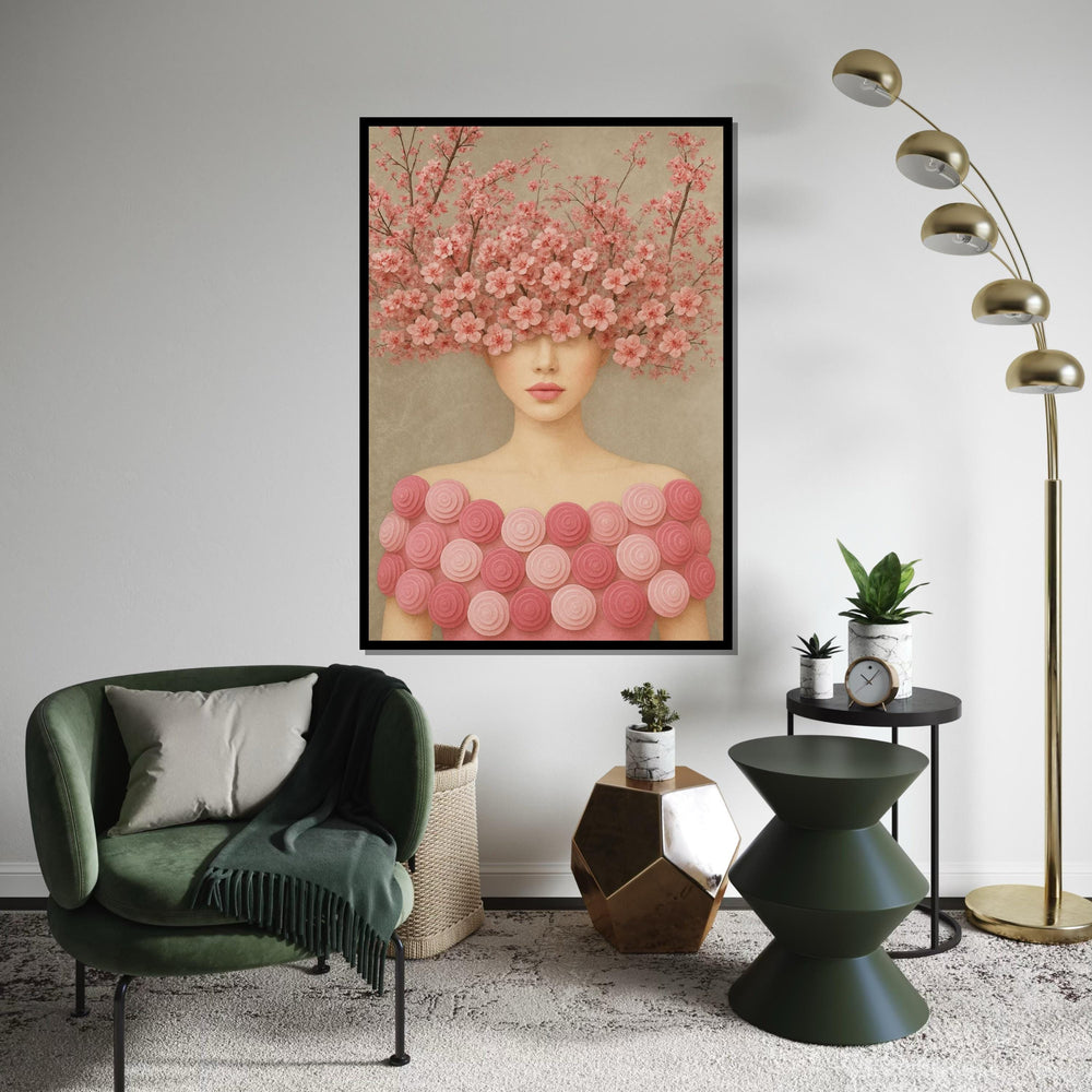 Cherry Blossom Woman, Floral Headpiece Art, Pink Flower Wall Art, Elegant Lady Canvas, Wall Art Canvas Design, Ready to Hang Décor