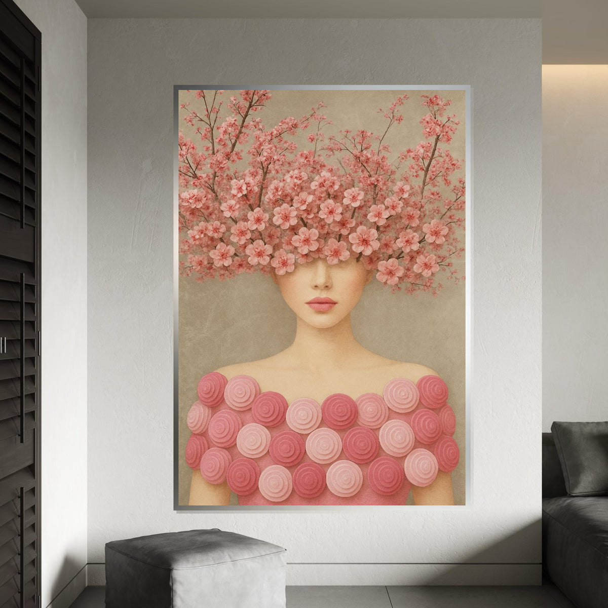 Cherry Blossom Woman, Floral Headpiece Art, Pink Flower Wall Art, Elegant Lady Canvas, Wall Art Canvas Design, Ready to Hang Décor