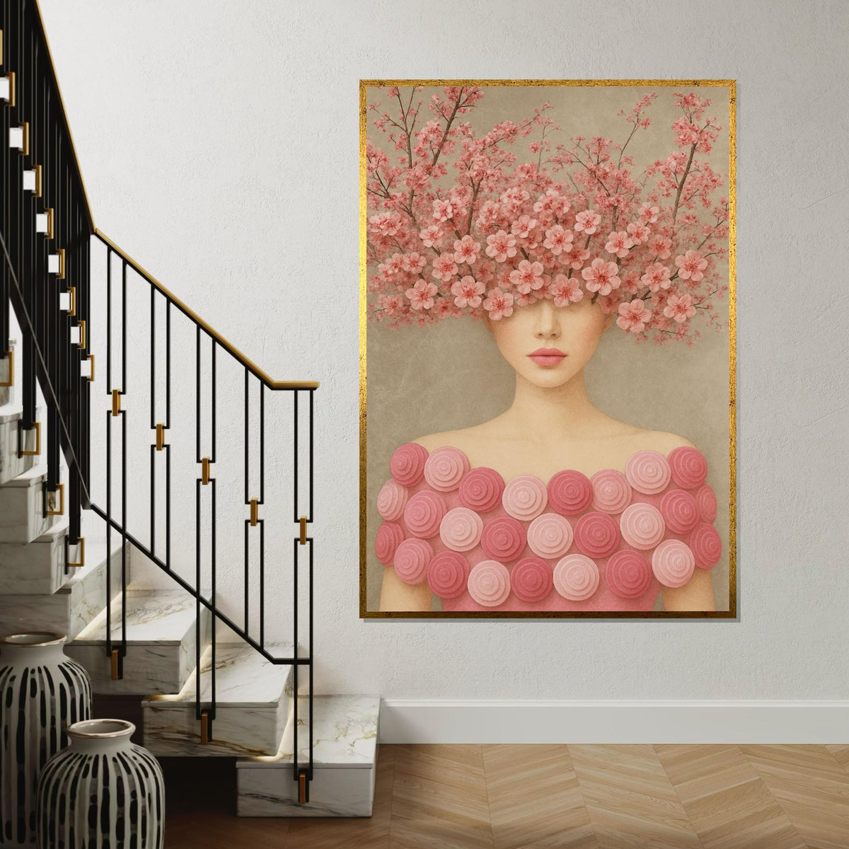 Cherry Blossom Woman, Floral Headpiece Art, Pink Flower Wall Art, Elegant Lady Canvas, Wall Art Canvas Design, Ready to Hang Décor