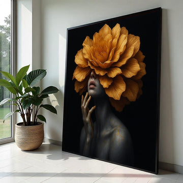 Golden Flower Woman Canvas, Surreal Portrait Art, Floral Headpiece Wall Art, Artistic Canvas Design, Ready To Hang Home Decoration