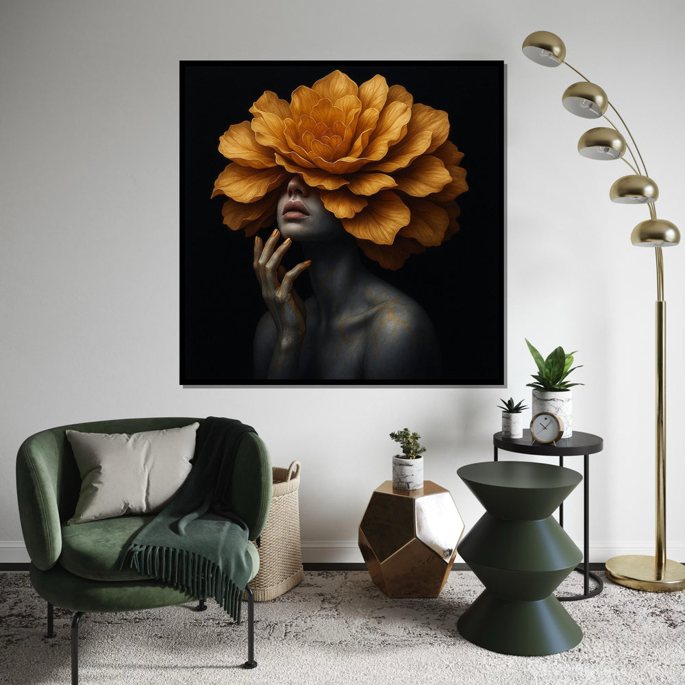 Golden Flower Woman Canvas, Surreal Portrait Art, Floral Headpiece Wall Art, Artistic Canvas Design, Ready To Hang Home Decoration