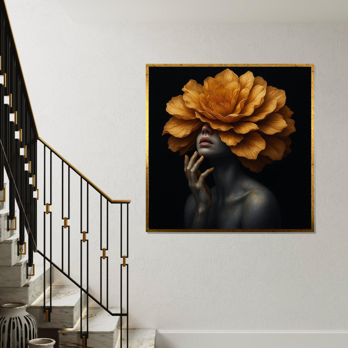 Golden Flower Woman Canvas, Surreal Portrait Art, Floral Headpiece Wall Art, Artistic Canvas Design, Ready To Hang Home Decoration