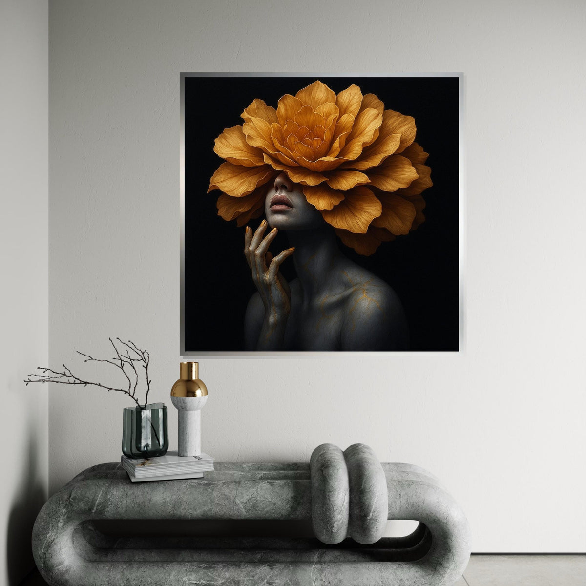 Golden Flower Woman Canvas, Surreal Portrait Art, Floral Headpiece Wall Art, Artistic Canvas Design, Ready To Hang Home Decoration