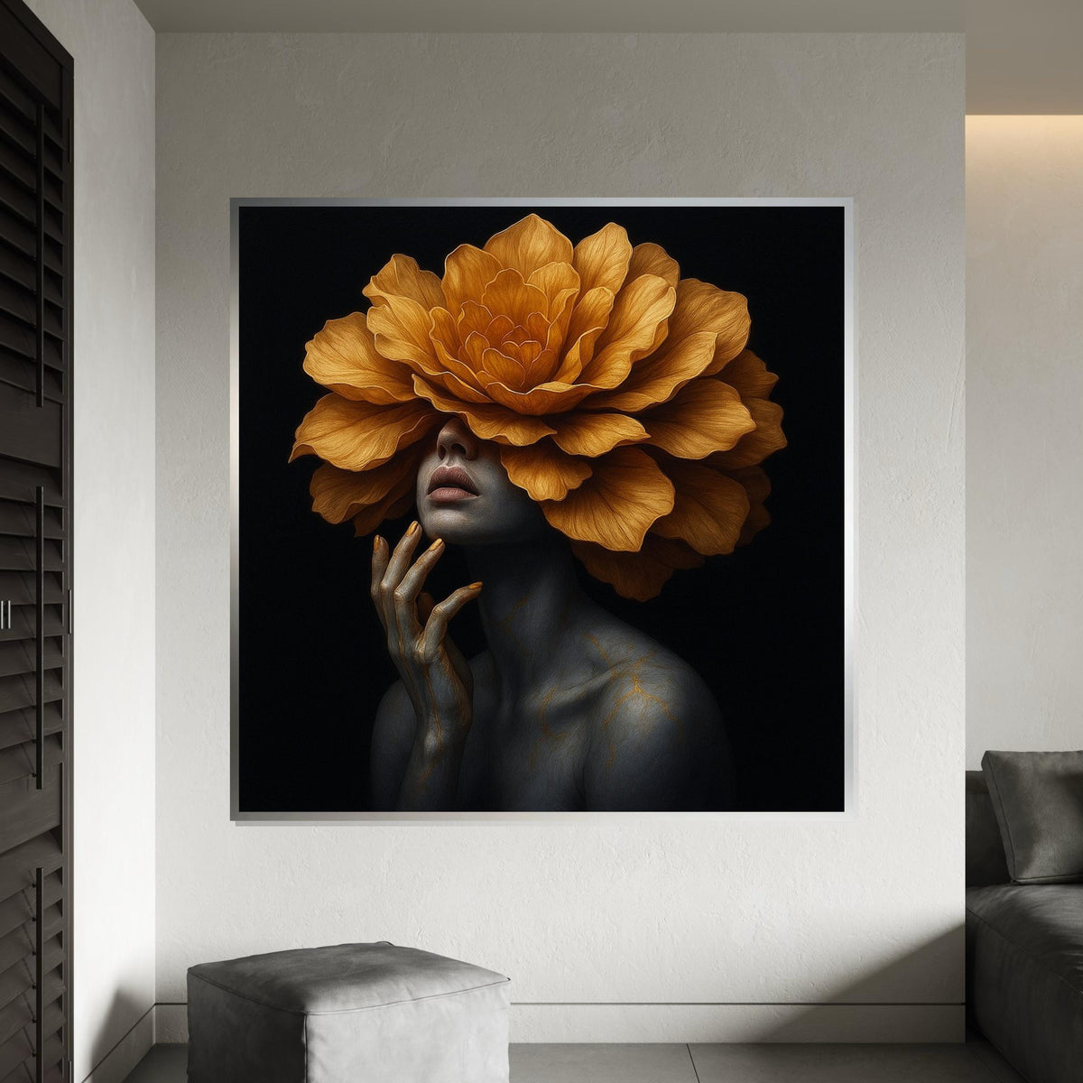 Golden Flower Woman Canvas, Surreal Portrait Art, Floral Headpiece Wall Art, Artistic Canvas Design, Ready To Hang Home Decoration
