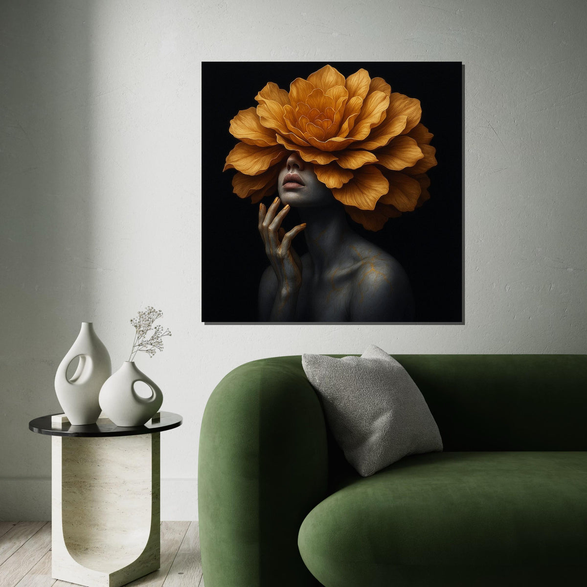 Golden Flower Woman Canvas, Surreal Portrait Art, Floral Headpiece Wall Art, Artistic Canvas Design, Ready To Hang Home Decoration