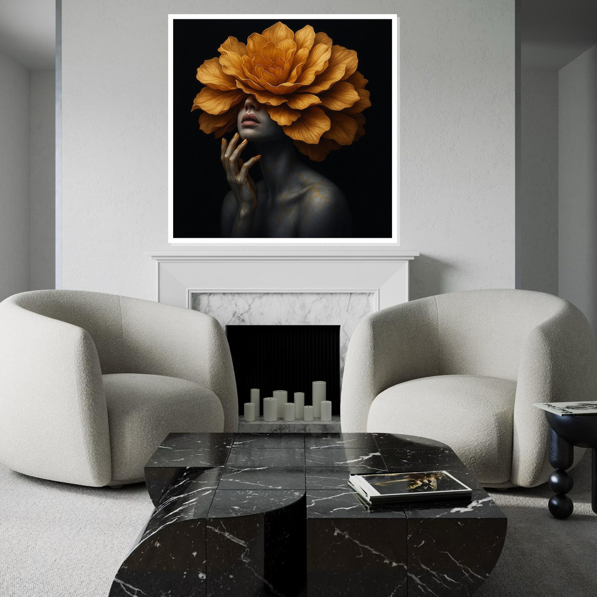 Golden Flower Woman Canvas, Surreal Portrait Art, Floral Headpiece Wall Art, Artistic Canvas Design, Ready To Hang Home Decoration