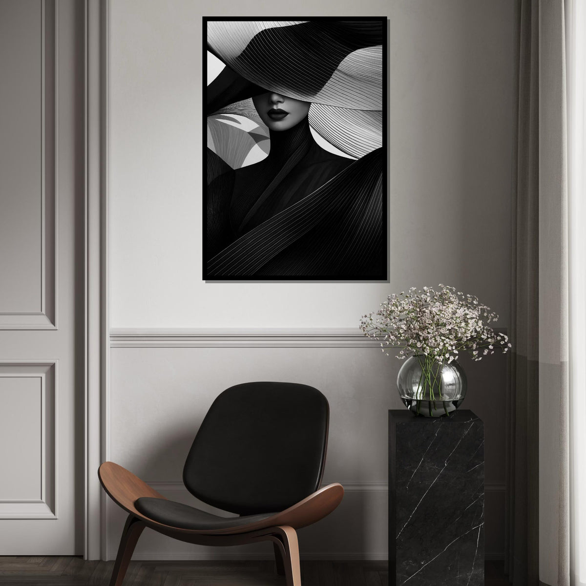 Abstract Elegance Portrait, Monochrome Canvas Art, Fashion Wall Art, Black and White Canvas Design, Ready to Hang Home Decor