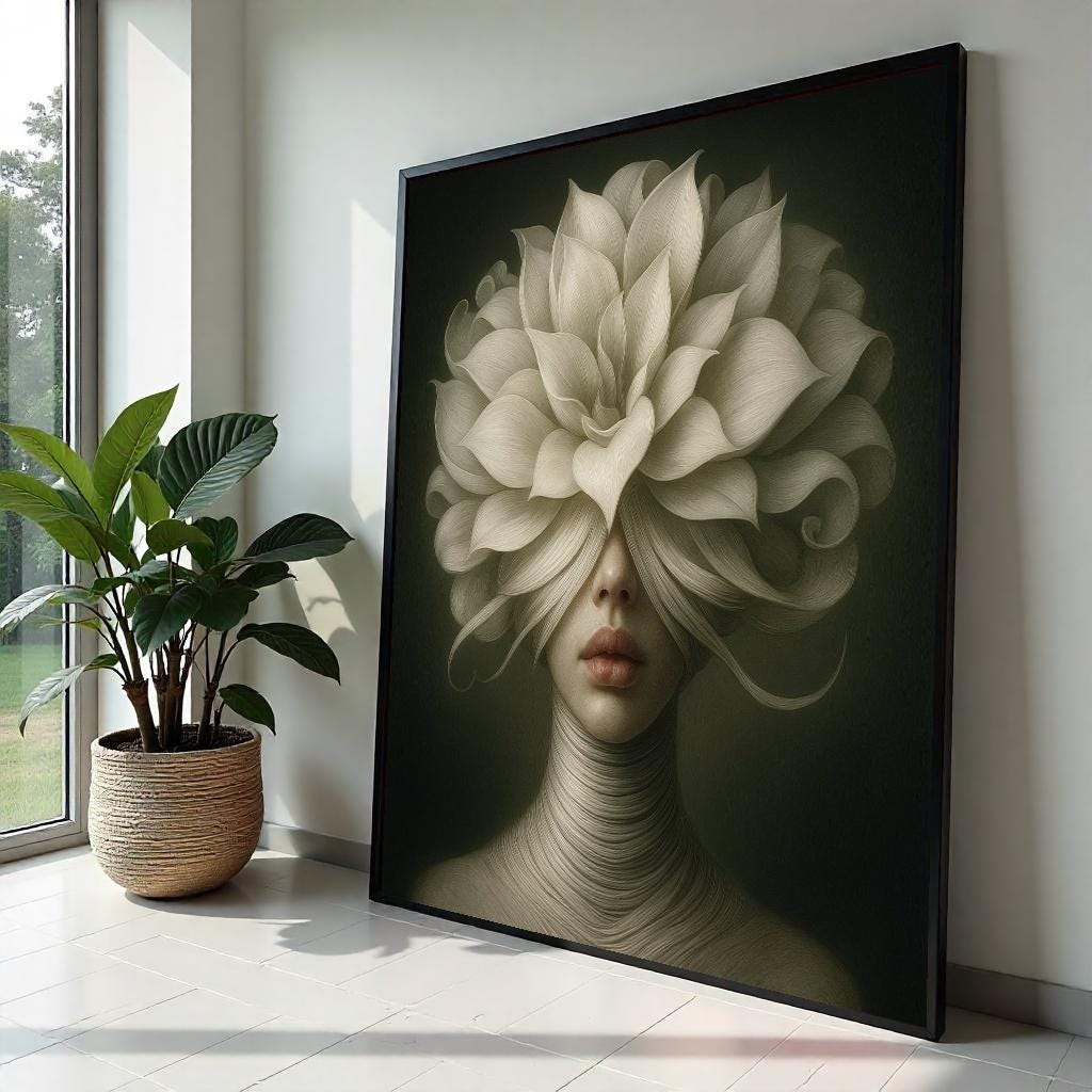 Floral Veil Lady Canvas, Surreal Portrait Art, Flower Headdress Print, Wall Art Canvas Design, Ready To Hang Decoration
