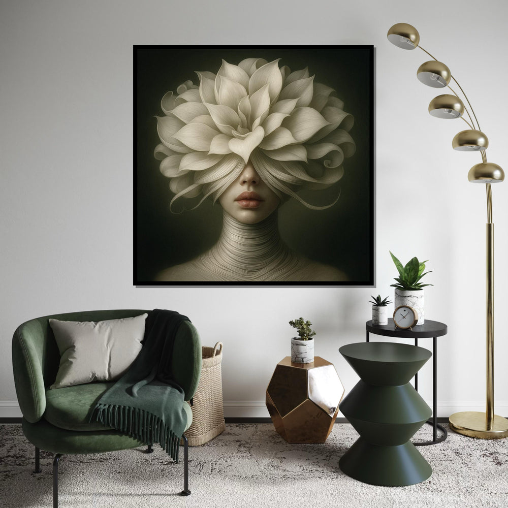 Floral Veil Lady Canvas, Surreal Portrait Art, Flower Headdress Print, Wall Art Canvas Design, Ready To Hang Decoration