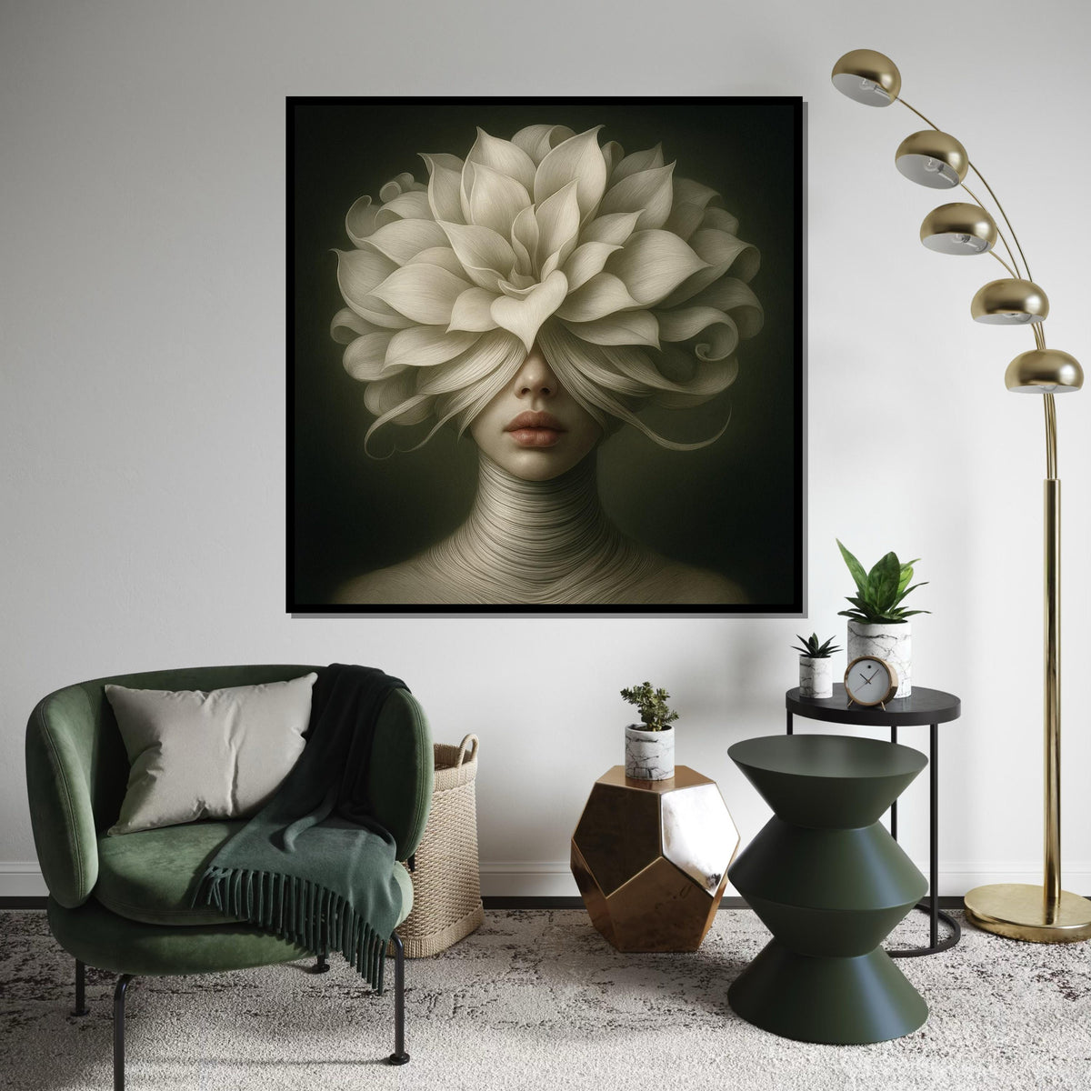 Floral Veil Lady Canvas, Surreal Portrait Art, Flower Headdress Print, Wall Art Canvas Design, Ready To Hang Decoration