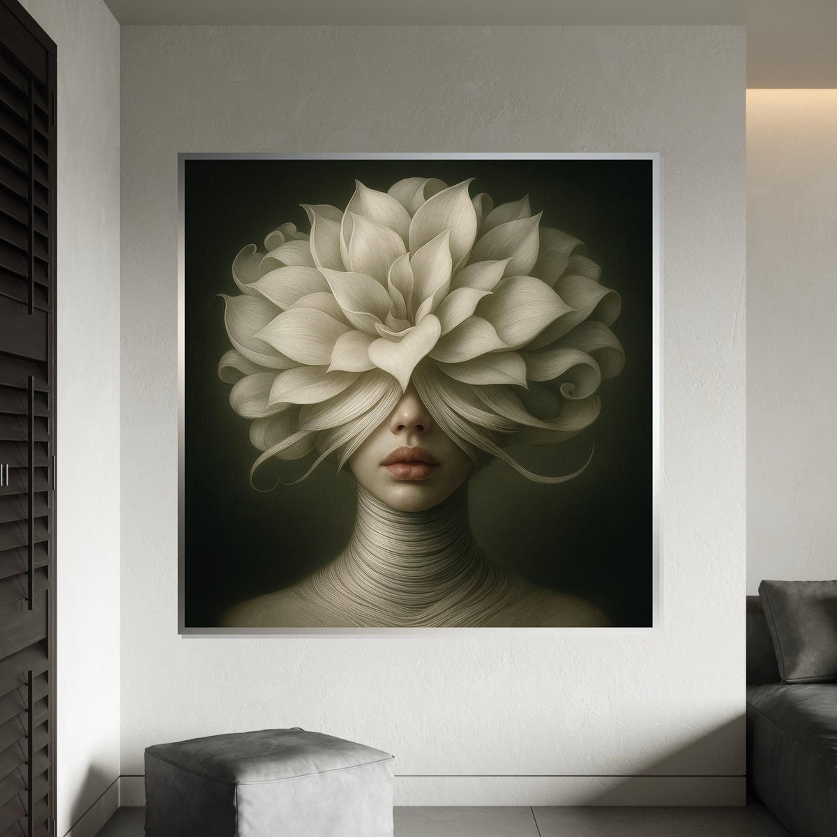 Floral Veil Lady Canvas, Surreal Portrait Art, Flower Headdress Print, Wall Art Canvas Design, Ready To Hang Decoration