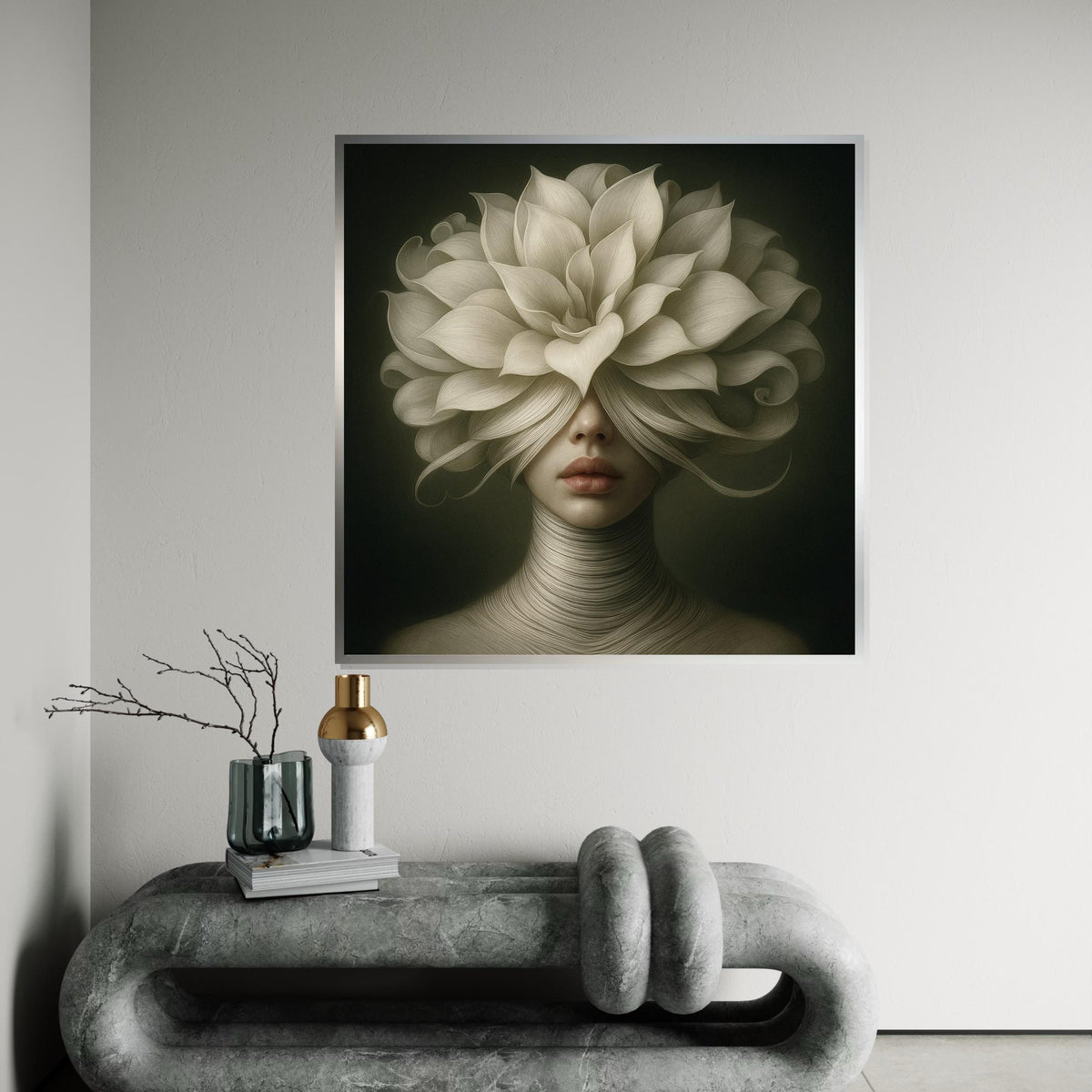 Floral Veil Lady Canvas, Surreal Portrait Art, Flower Headdress Print, Wall Art Canvas Design, Ready To Hang Decoration