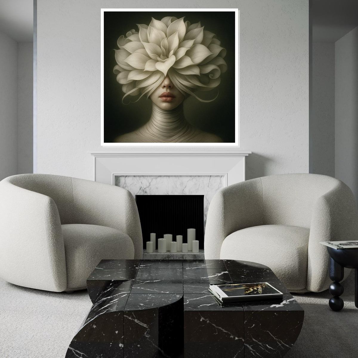 Floral Veil Lady Canvas, Surreal Portrait Art, Flower Headdress Print, Wall Art Canvas Design, Ready To Hang Decoration