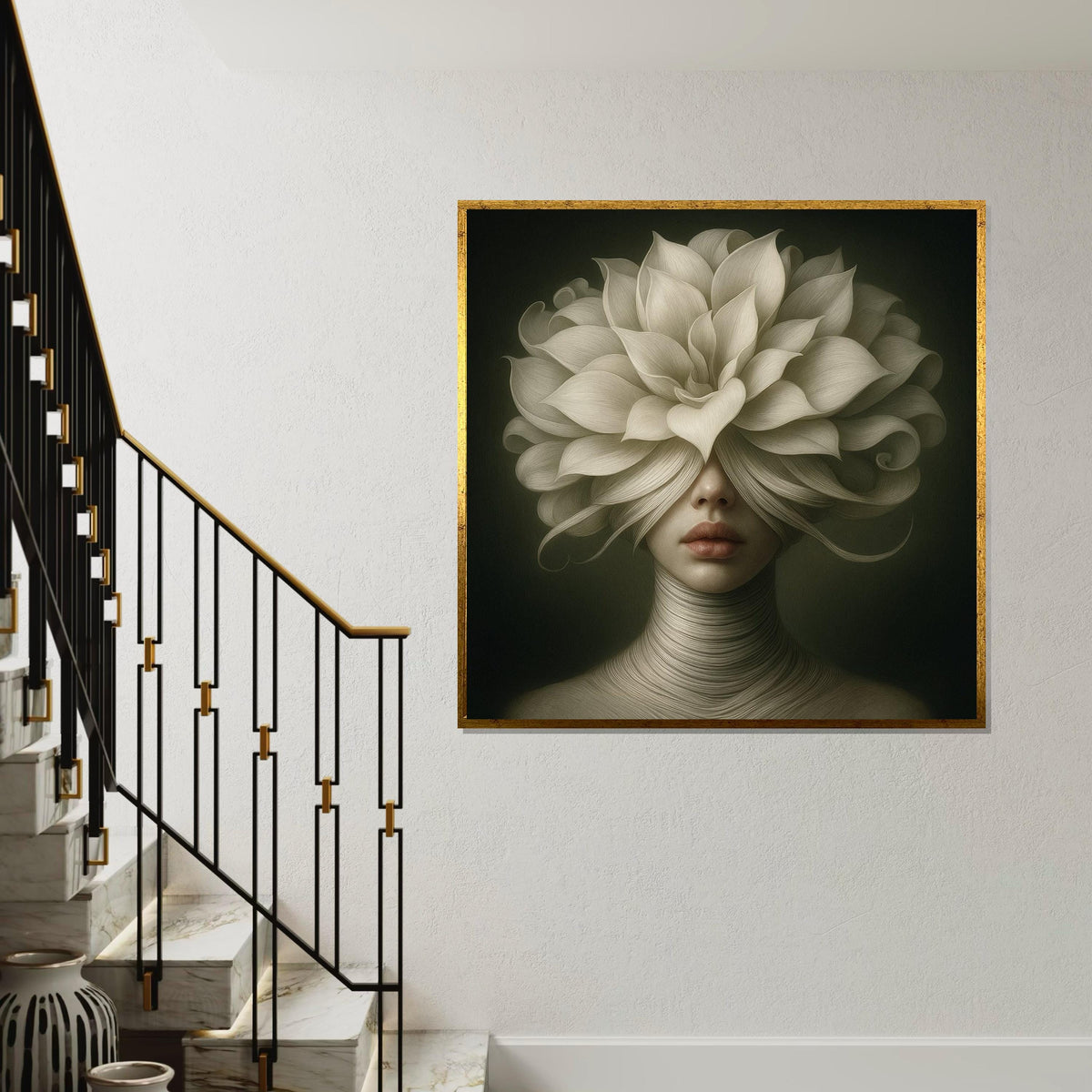Floral Veil Lady Canvas, Surreal Portrait Art, Flower Headdress Print, Wall Art Canvas Design, Ready To Hang Decoration