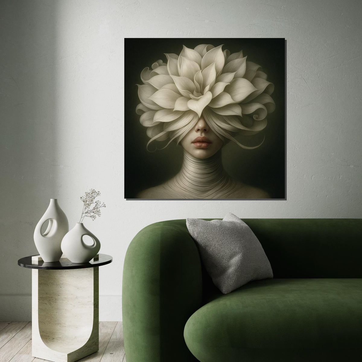 Floral Veil Lady Canvas, Surreal Portrait Art, Flower Headdress Print, Wall Art Canvas Design, Ready To Hang Decoration