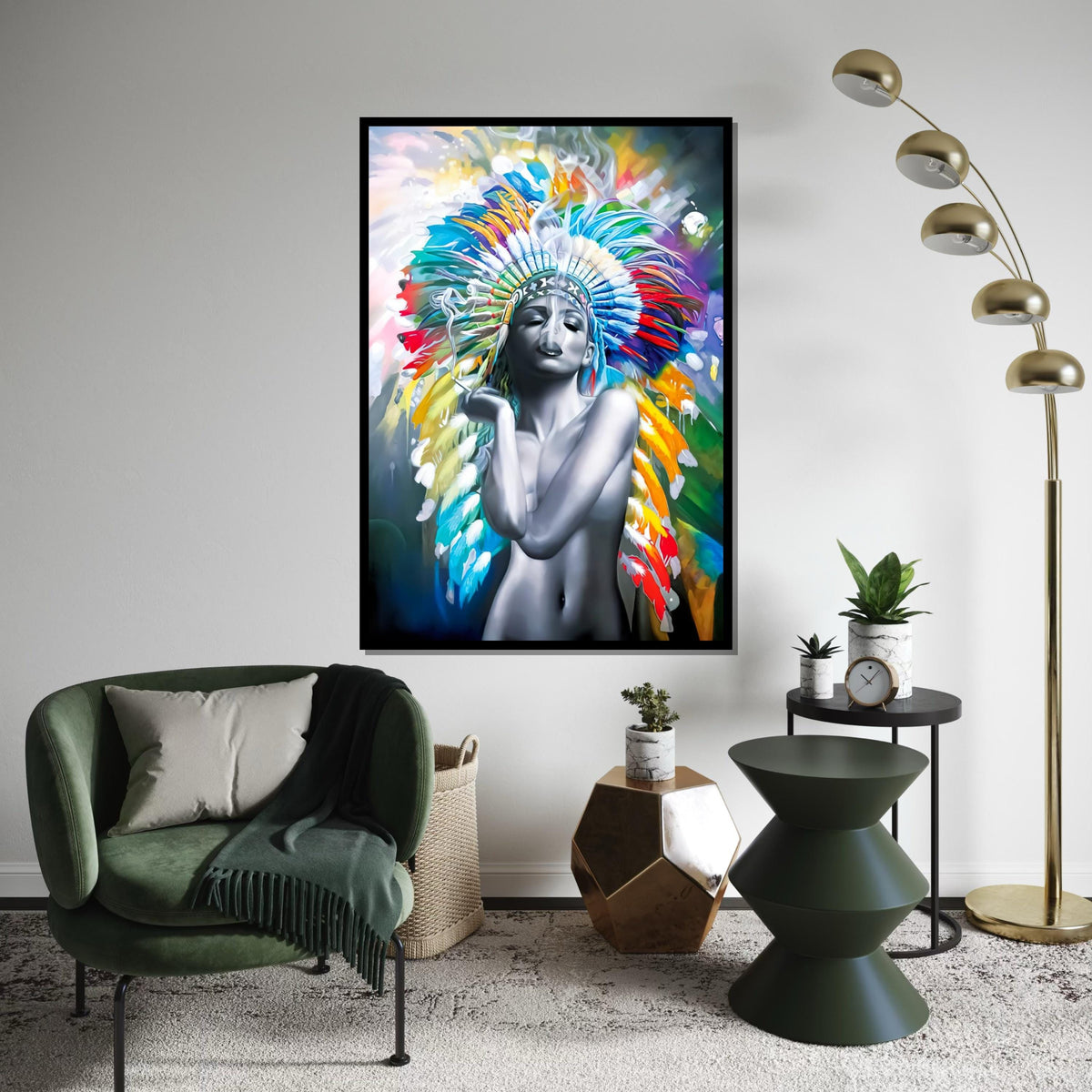 Colorful Headdress Smoke Art Canvas, Indigenous Beauty Canvas, Multicolor Wall Art, Abstract Art Canvas, Ready To Hang Decoration