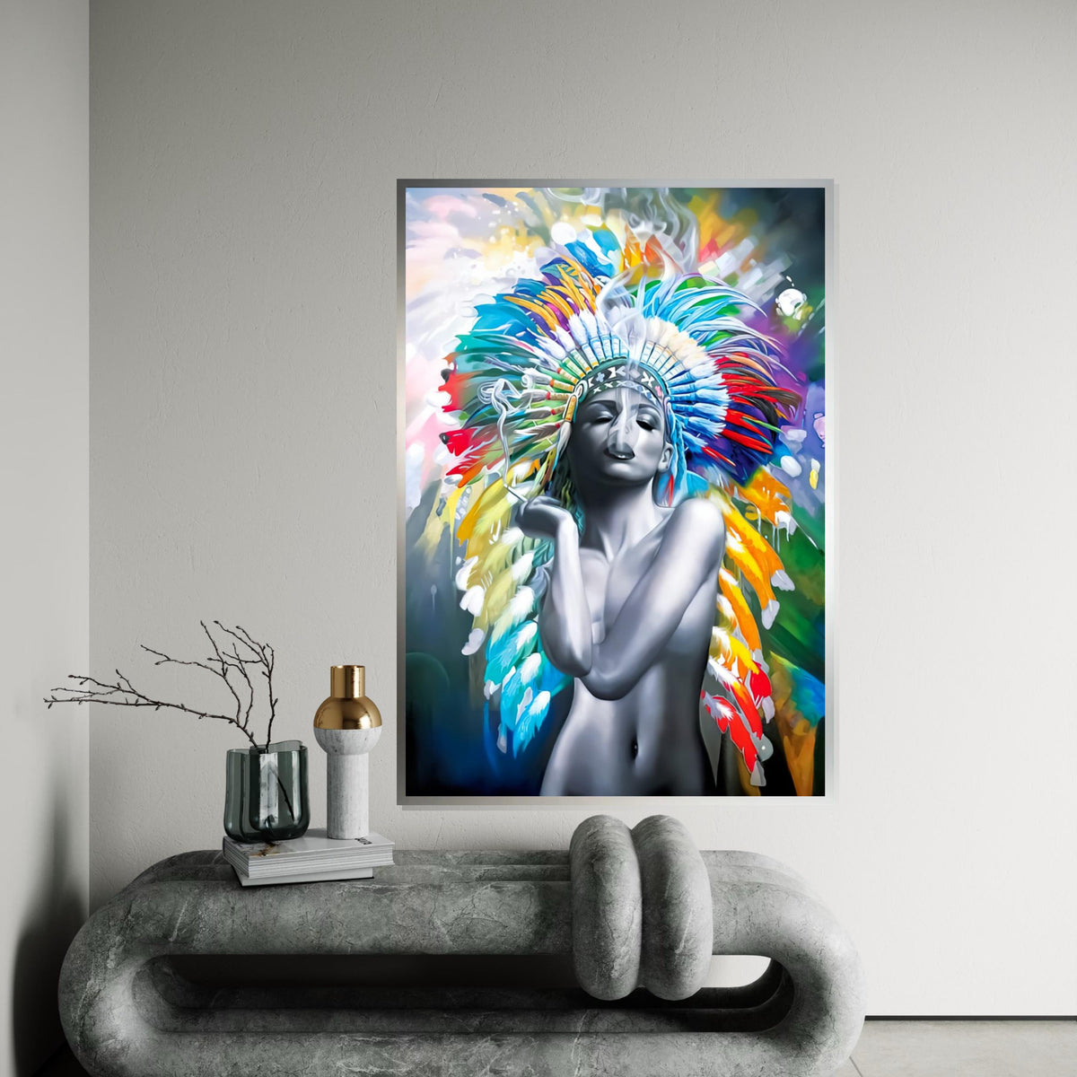 Colorful Headdress Smoke Art Canvas, Indigenous Beauty Canvas, Multicolor Wall Art, Abstract Art Canvas, Ready To Hang Decoration