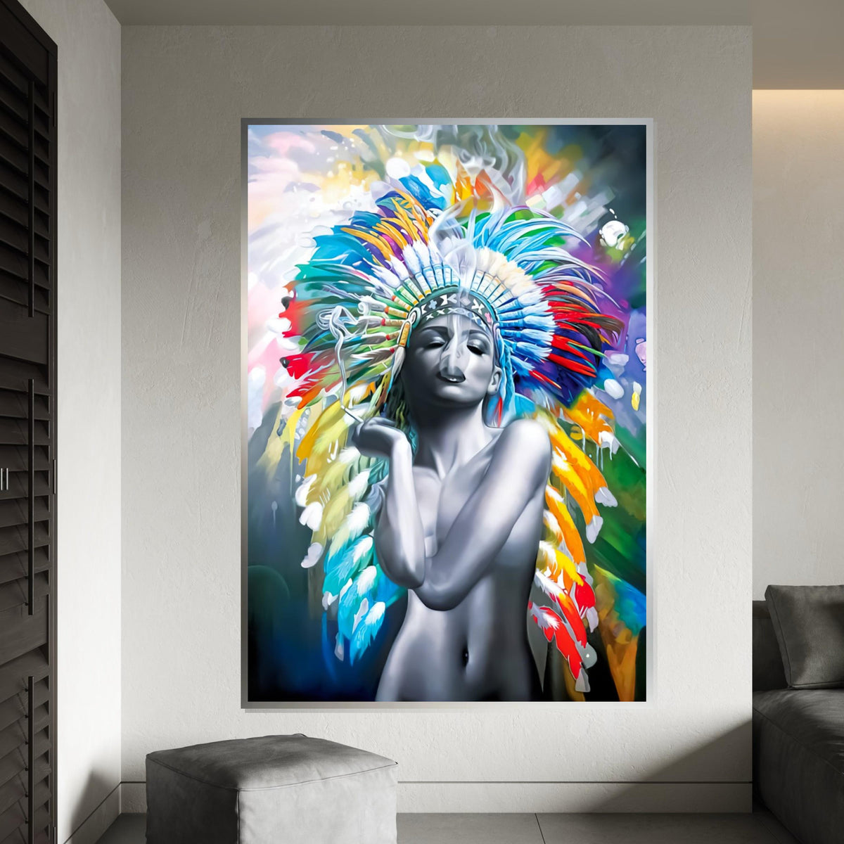 Colorful Headdress Smoke Art Canvas, Indigenous Beauty Canvas, Multicolor Wall Art, Abstract Art Canvas, Ready To Hang Decoration