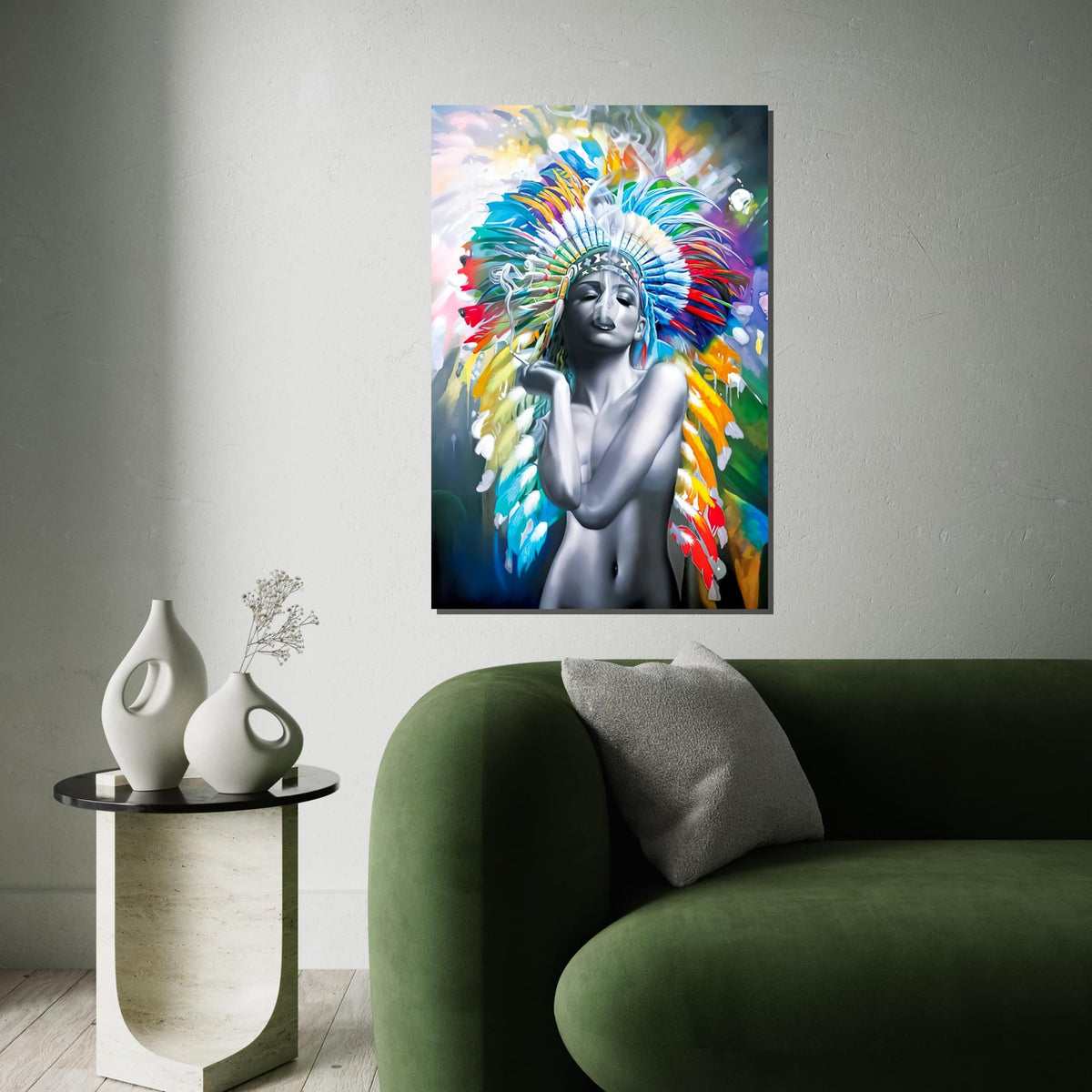 Colorful Headdress Smoke Art Canvas, Indigenous Beauty Canvas, Multicolor Wall Art, Abstract Art Canvas, Ready To Hang Decoration