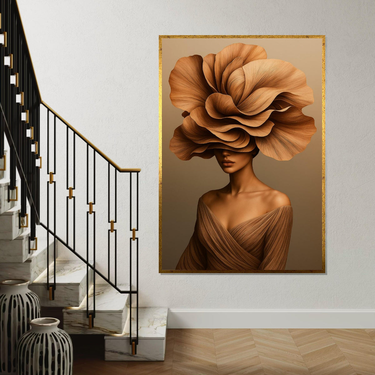 Floral Elegance Canvas, Woman with Flower Hat Art, Nature Fashion Wall Art, Canvas Design, Ready to Hang Modern Decor