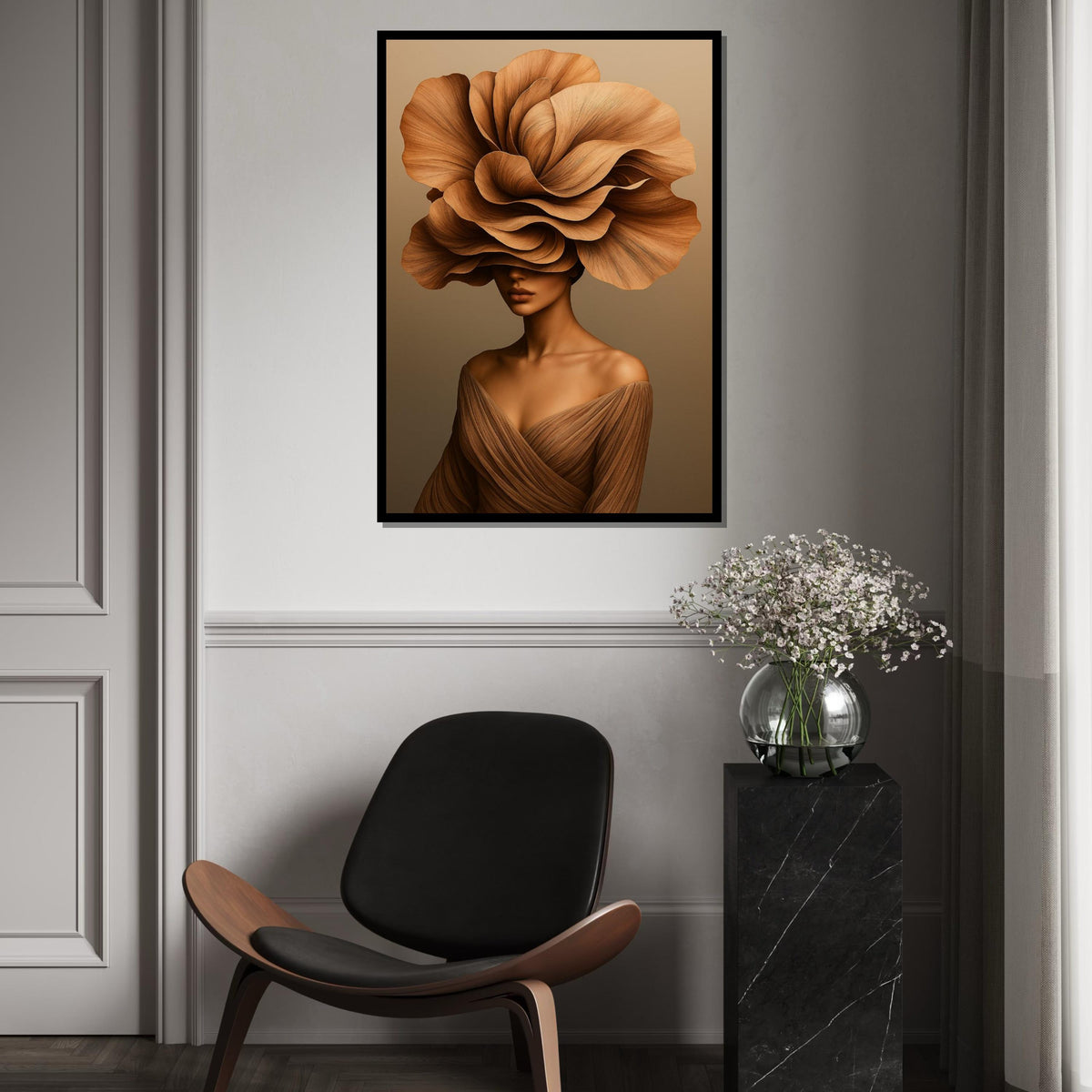 Floral Elegance Canvas, Woman with Flower Hat Art, Nature Fashion Wall Art, Canvas Design, Ready to Hang Modern Decor