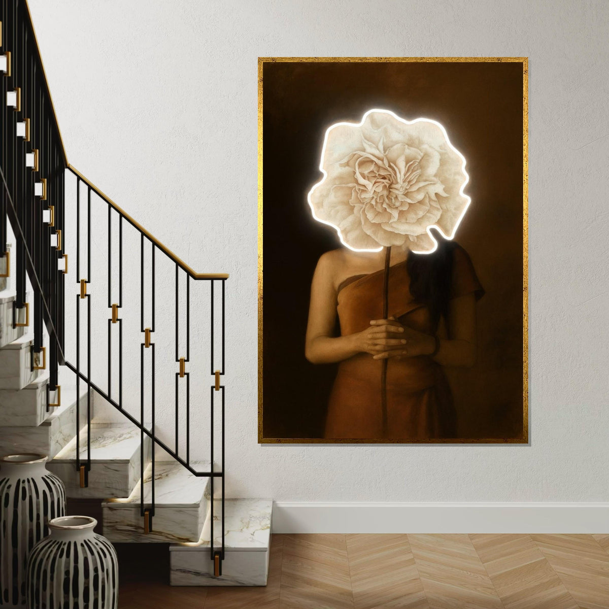 Flower Face Canvas Art, Surreal Portrait, Floral Head Poster, Wall Art Canvas Design, Modern Home Decor, Ready to Hang Decoration