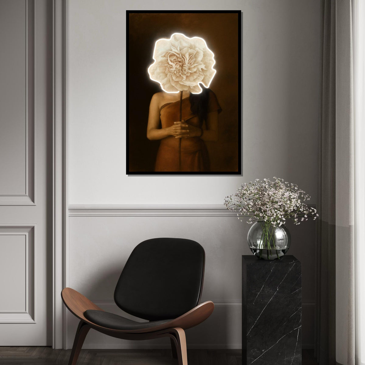 Flower Face Canvas Art, Surreal Portrait, Floral Head Poster, Wall Art Canvas Design, Modern Home Decor, Ready to Hang Decoration