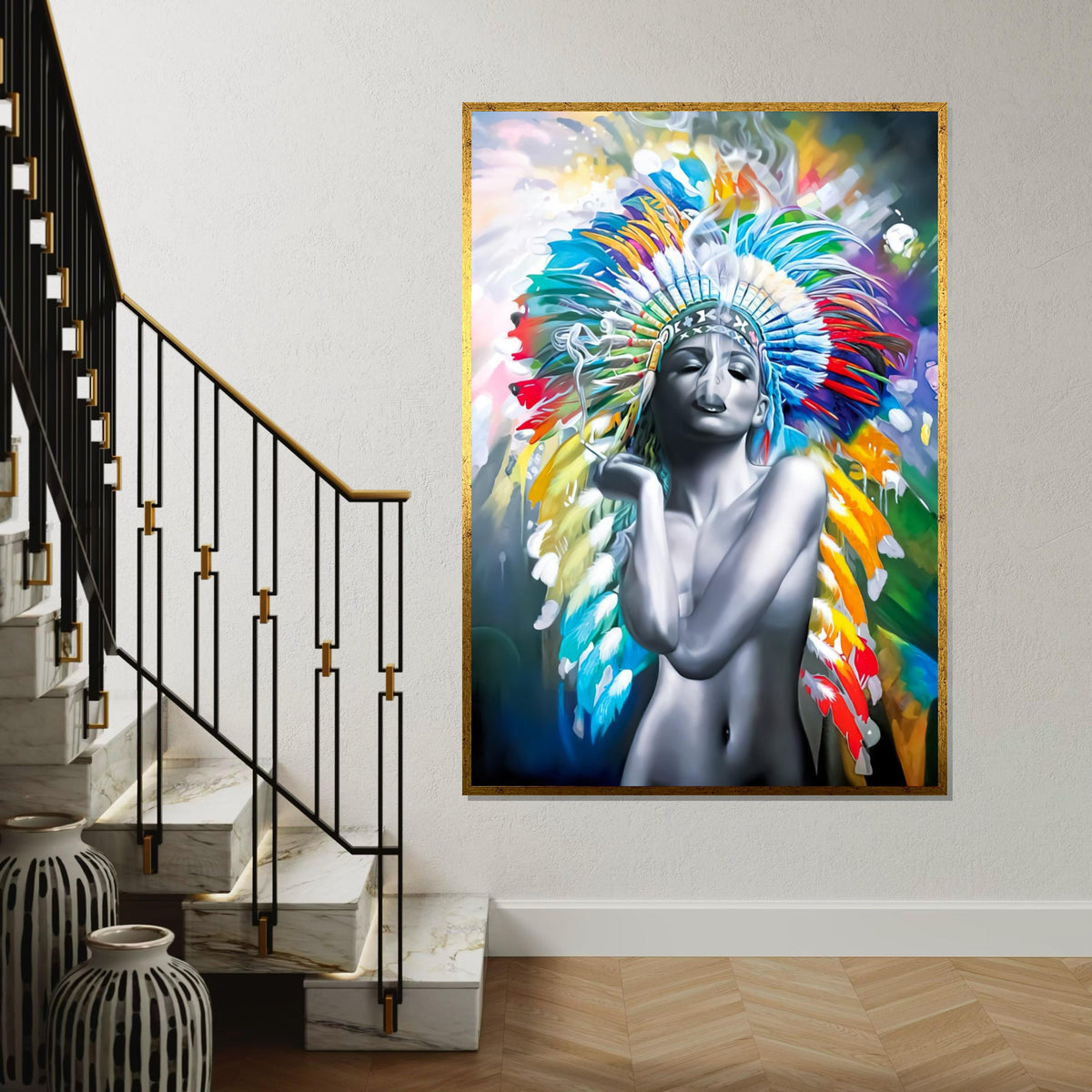 Colorful Headdress Smoke Art Canvas, Indigenous Beauty Canvas, Multicolor Wall Art, Abstract Art Canvas, Ready To Hang Decoration