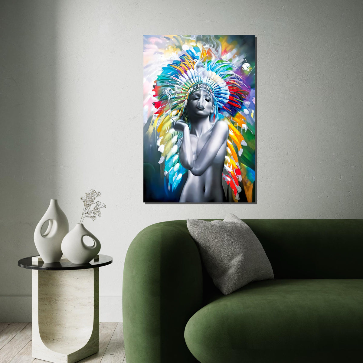 Colorful Headdress Smoke Art Canvas, Indigenous Beauty Canvas, Multicolor Wall Art, Abstract Art Canvas, Ready To Hang Decoration