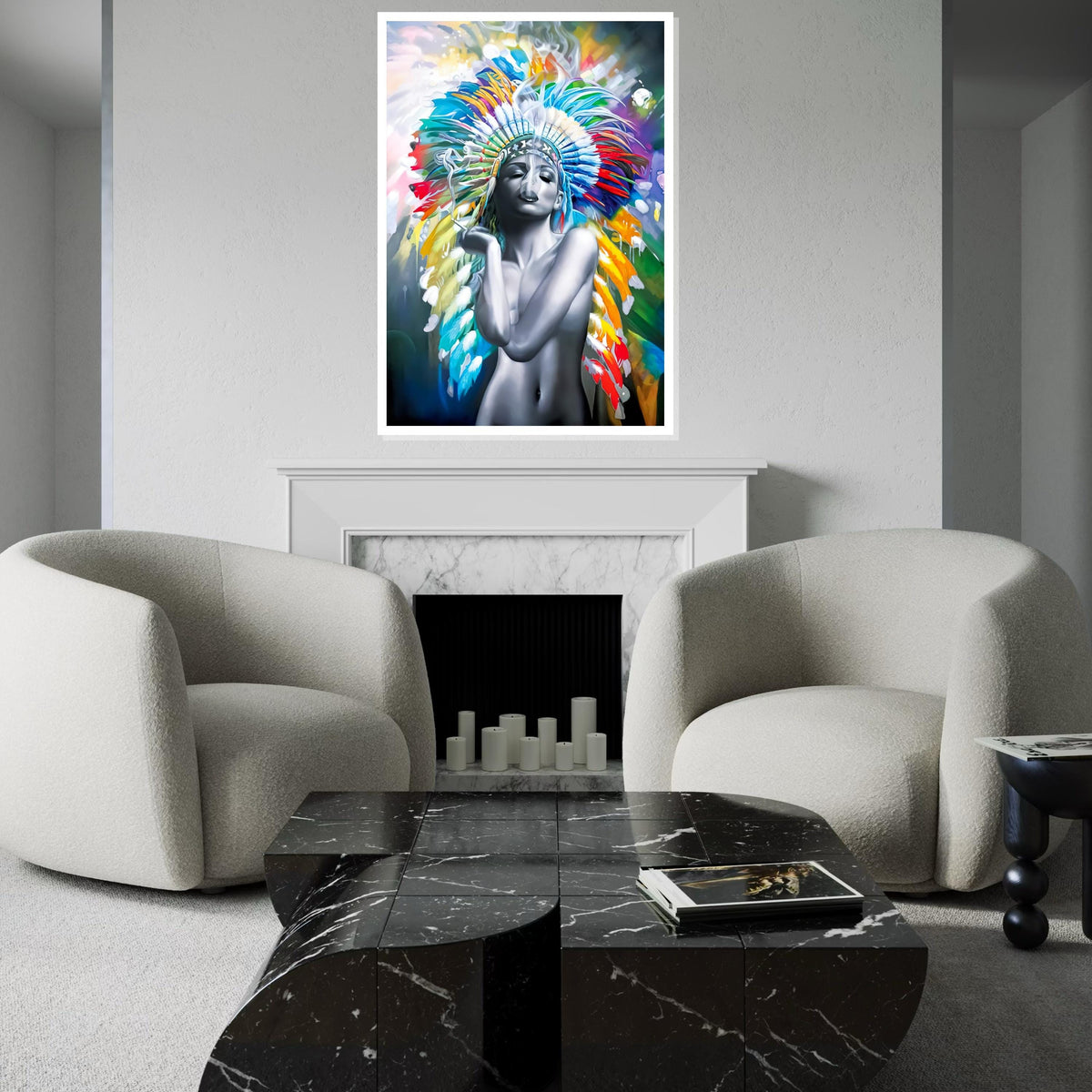 Colorful Headdress Smoke Art Canvas, Indigenous Beauty Canvas, Multicolor Wall Art, Abstract Art Canvas, Ready To Hang Decoration