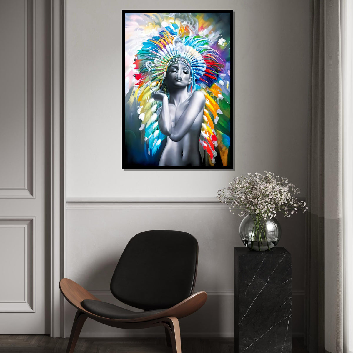 Colorful Headdress Smoke Art Canvas, Indigenous Beauty Canvas, Multicolor Wall Art, Abstract Art Canvas, Ready To Hang Decoration
