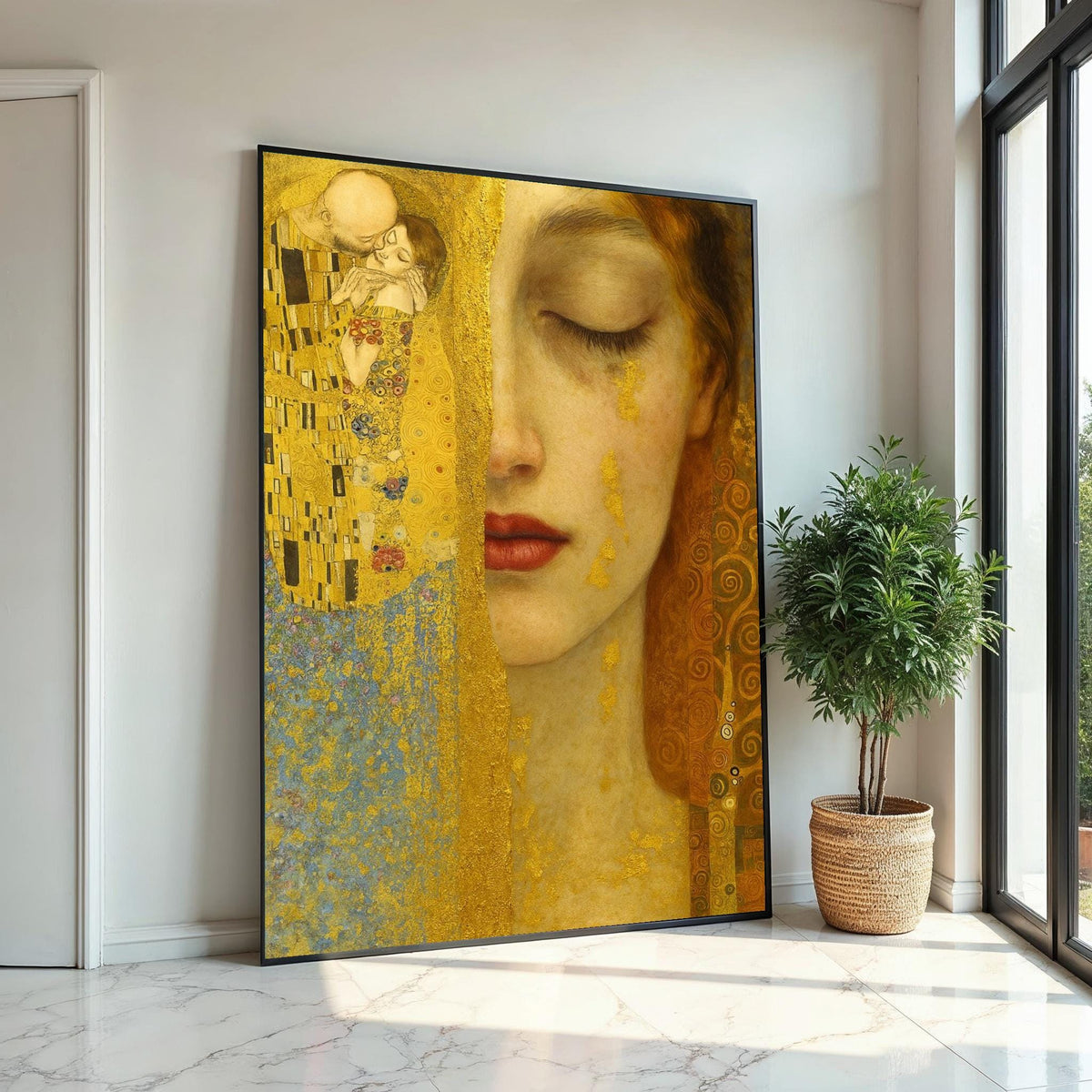 Golden Embrace Canvas, Abstract Couple Art, KlimtInspired Wall Art, Gold Leaf Canvas Design, Ready To Hang, Romantic Art Decoration