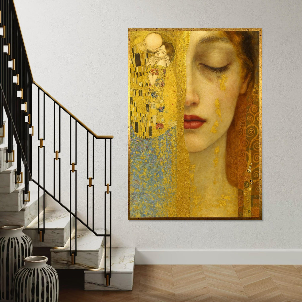 Golden Embrace Canvas, Abstract Couple Art, KlimtInspired Wall Art, Gold Leaf Canvas Design, Ready To Hang, Romantic Art Decoration