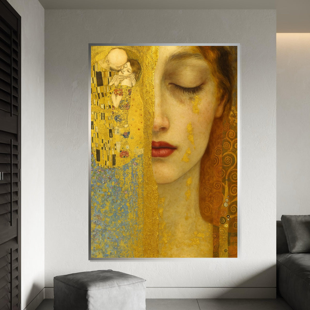 Golden Embrace Canvas, Abstract Couple Art, KlimtInspired Wall Art, Gold Leaf Canvas Design, Ready To Hang, Romantic Art Decoration