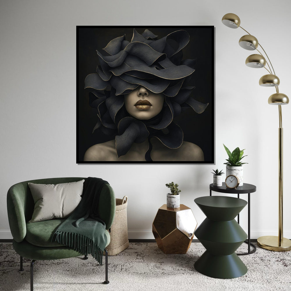 Abstract Floral Mask, Surreal Woman Canvas, Art Deco Wall Art, Modern Canvas Design, Ready to Hang Home Decoration, Elegant Gold Accents