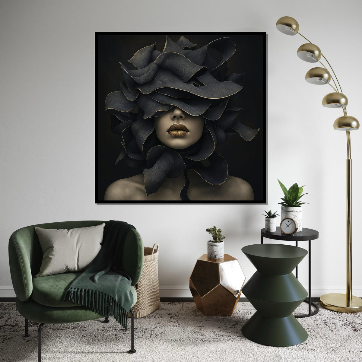 Abstract Floral Mask, Surreal Woman Canvas, Art Deco Wall Art, Modern Canvas Design, Ready to Hang Home Decoration, Elegant Gold Accents