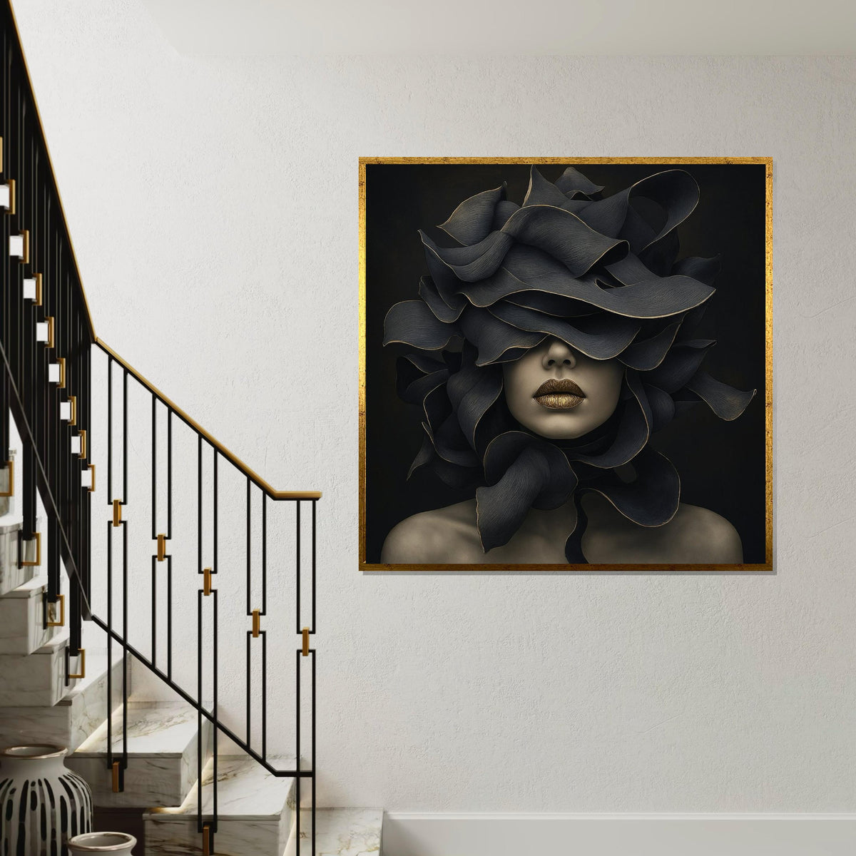 Abstract Floral Mask, Surreal Woman Canvas, Art Deco Wall Art, Modern Canvas Design, Ready to Hang Home Decoration, Elegant Gold Accents